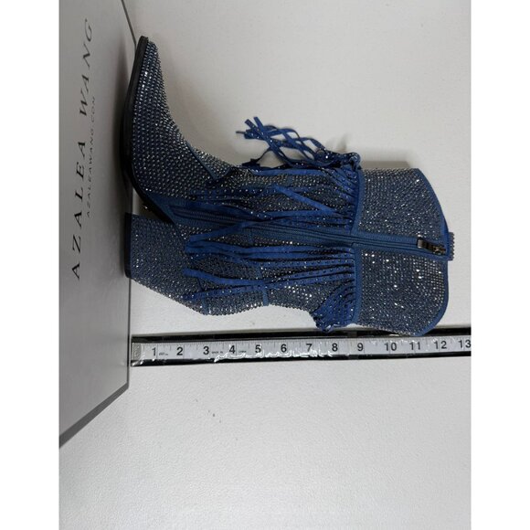NWT Azalea Wang Rhinestone Fringe Denim Western Boots Blue Cowgirl Glam - Picture 11 of 11